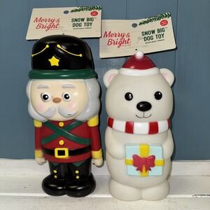 Lot Of 2 Merry & Bright 9" Polar Bear +‎ 10" Nutcracker Squeaky Dog Toy Holiday